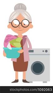 Granny with washmachine, illustration, vector on white background.
