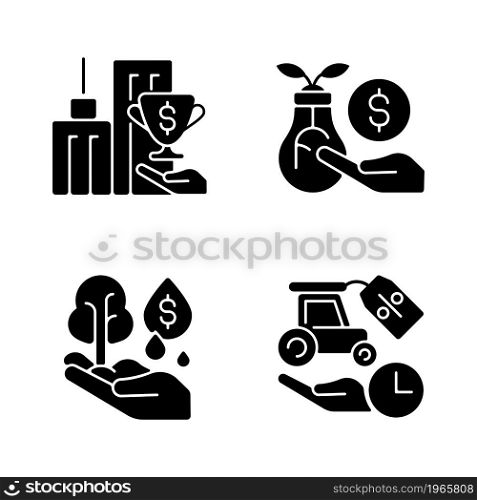 Grant and investment black glyph icons set on white space. Small business financial support. Rental and tax payment reduction. Startup growth. Silhouette symbols. Vector isolated illustration. Grant and investment black glyph icons set on white space