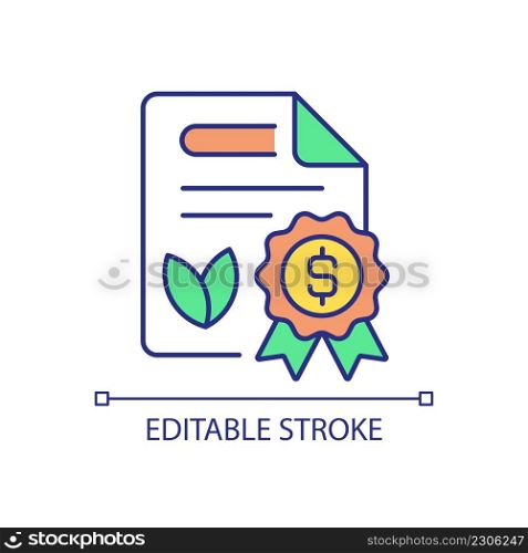 Grant for environmentally friendly program providing RGB color icon. Financial support of business. Isolated vector illustration. Simple filled line drawing. Editable stroke. Arial font used. Grant for environmentally friendly program providing RGB color icon