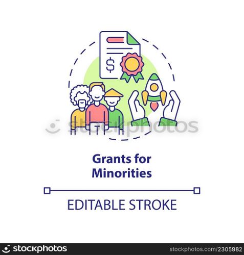 Grants for minorities concept icon. Small business supporting program abstract idea thin line illustration. Isolated outline drawing. Editable stroke. Arial, Myriad Pro-Bold fonts used. Grants for minorities concept icon