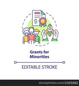 Grants for minorities concept icon. Small business supporting program abstract idea thin line illustration. Isolated outline drawing. Editable stroke. Arial, Myriad Pro-Bold fonts used. Grants for minorities concept icon