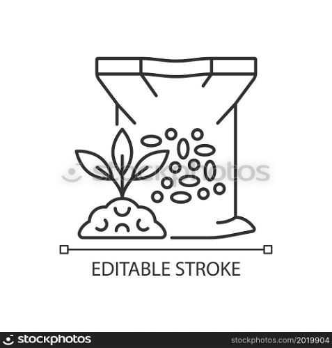 Granular fertilizer linear icon. Plants growth increasing. Grass and crops nourishment. Thin line customizable illustration. Contour symbol. Vector isolated outline drawing. Editable stroke. Granular fertilizer linear icon