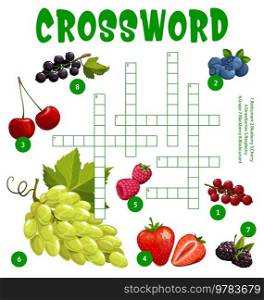 Grape and garden berries crossword worksheet, find a word quiz game. Cartoon vector cross word with redcurrant, blueberry, cherry, strawberry, raspberry, blackberry, blackcurrant puzzle grid. Grape and garden berries crossword worksheet