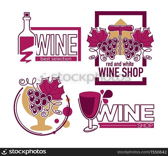 Grape bunch and bottle wine store or shop isolated icons grapes and corkscrew wineglass winery and agriculture vineyard harvest alcohol drink production organic beverage berries fermentation. Wine store or shop isolated icons grape bunch and bottle