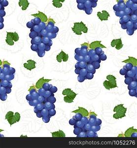 Grape bunch seamless pattern on white background with leaves and sketch, Fresh organic food, Dark blue grape pattern background, Fruit vector illustration.