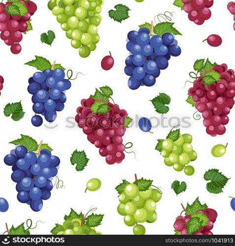 Grape bunch seamless pattern on white background with leaves, Fresh organic food, Dark blue grapes, red and white grapes pattern background, Colorful fruit vector illustration.