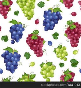 Grape bunch seamless pattern on white background with leaves, Fresh organic food, Dark blue grapes, red and white grapes pattern background, Colorful fruit vector illustration.