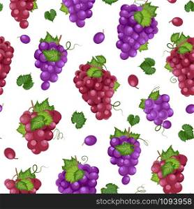 Grape bunch seamless pattern on white background with leaves, Fresh organic food, Purple and red grapes pattern background, Colorful fruit vector illustration.