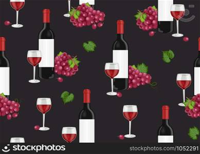 Grape bunch seamless pattern with red wine glasses and bottles on black background, Red grapes pattern background, Red wine vector illustration.