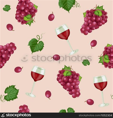 Grape bunch seamless pattern with red wine glasses on rose pink background, Red grapes pattern background, Red wine vector illustration.