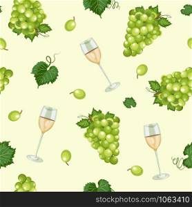Grape bunch seamless pattern with white wine glasses on green background, White grapes pattern background, White wine vector illustration.