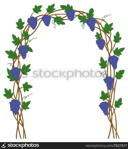 Grape gate, harvest festival in Europe, natural element of exterior. Terrace sign, branch with leaf, vineyard place, purple plant, entrance symbol vector. Natural Entrance, Grape Gate, Harvest Fruit Vector