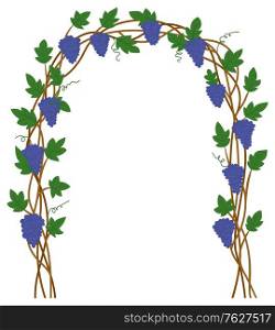 Grape gate, harvest festival in Europe, natural element of exterior. Terrace sign, branch with leaf, vineyard place, purple plant, entrance symbol vector. Natural Entrance, Grape Gate, Harvest Fruit Vector