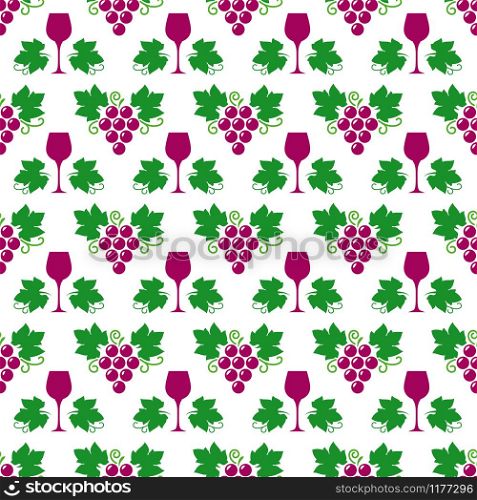 Grape, grape leaves and wine glass seamless pattern, vector illustration. Grapes, leaves and wine glass pattern