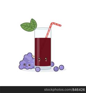 grape juice. Cute kawai smiling cartoon juice with slices in a glass with juice straw.