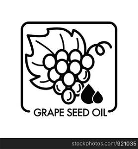 Grape seed oil, monochrome sketch outline isolated logo vector. Natural ingredient used in food industry as seasoning and beauty cosmetics solutions. Eco supplement and skin treatment for women. Grape seed oil, monochrome sketch outline isolated logo