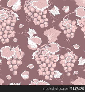 Grape vine seamless pattern and leaves on rose pink background, Fresh organic food, Grape bunch pattern background, Fruit vector illustration.
