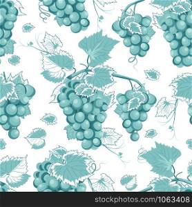 Grape vine seamless pattern and leaves on white background, Fresh organic food, Grape bunch pattern background, Fruit vector illustration.