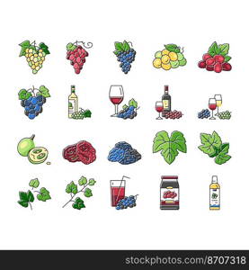 grape wine bunch fruit green icons set vector. leaf vine, fresh food, red vineyard, grapevine juice berry, purple organic plant grape wine bunch fruit green color line illustrations. grape wine bunch fruit green icons set vector