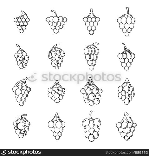 Grape wine bunch icons set. Outline illustration of 16 grape wine bunch alcohol logo vector icons for web. Grape wine bunch icons set, outline style