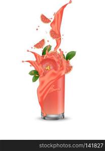 Grapefruit splash illustration. Splashing juice in glass. Cocktail falling pink slices isolated on background. Orange. Advertisement banner. Product design. Vector EPS 10.