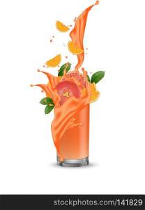 Grapefruit splash illustration. Splashing juice in glass. Cocktail falling pink slices isolated on background. Orange. Advertisement banner. Product design. Vector EPS 10.