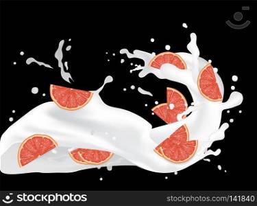Grapefruit splash illustration. Splashing milk juice. Cocktail falling pink slices isolated on black background. Advertisement banner. Product design. Vector EPS 10.