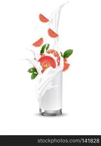 Grapefruit splash illustration. Splashing milk juice in glass. Cocktail falling pink slices isolated on white background. Orange. Advertisement banner. Product design. Vector EPS 10.
