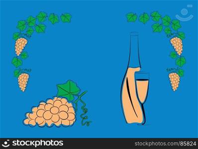 Grapes, a bottle of wine and a glass of wine isolated on blue background.