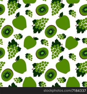 Grapes, kiwi and apple seamless pattern. Green sweet fruits. Fashion design. Food print for dress, textile, curtain or linens. Hand drawn vector sketch background. Vegan menu