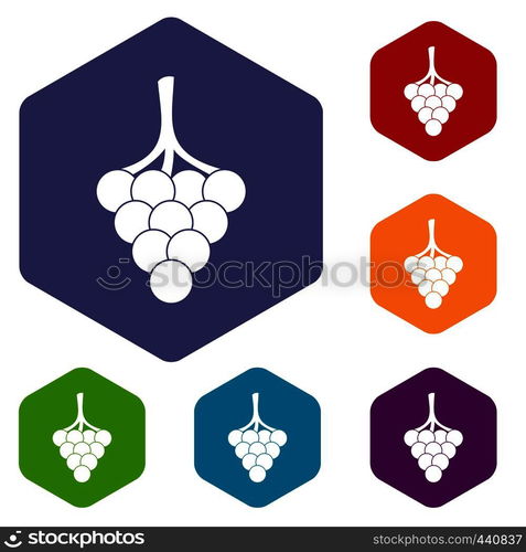 Grapes on the branch icons set hexagon isolated vector illustration. Grapes on the branch icons set hexagon