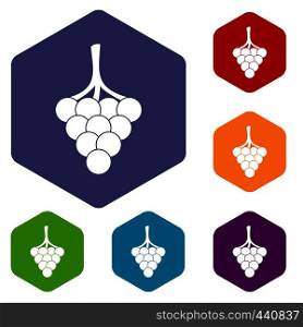 Grapes on the branch icons set hexagon isolated vector illustration. Grapes on the branch icons set hexagon