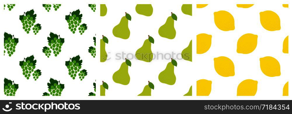 Grapes, pear and lemon. Yellow and green fruit seamless pattern set. Fashion design. Food print for clothes, linens or curtain. Hand drawn vector sketch background collection