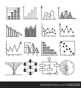 Graph and chart linear vector illustrations set. Business presentation, data visualization simple symbols isolated pack. Analytics report, statistics charts white thin line icons collection. Graph and chart linear vector illustrations set