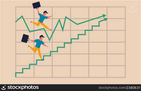Graph climbing smooth and business stairs motivation to man. Forward diagram way and progress people vector illustration concept. Businessman career challenge on chart and climb leadership to invest