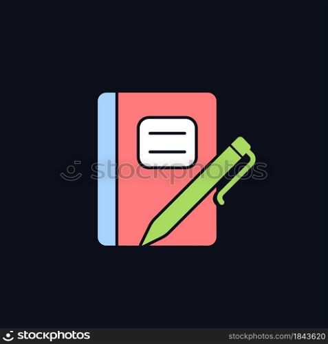 Graph composition notebook with pen RGB color icon for dark theme. Use for school notes. Pocket journal. Isolated vector illustration on night mode background. Simple filled line drawing on black. Graph composition notebook with pen RGB color icon for dark theme