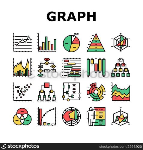 Graph For Analyzing And Research Icons Set Vector. Hierarchy And Binary Decision Diagram, Bar And Line Graph, Radar And Stacked Area Chart Line. Pareto And Venn Infographic Color Illustrations. Graph For Analyzing And Research Icons Set Vector