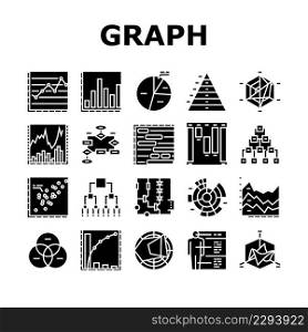 Graph For Analyzing And Research Icons Set Vector. Hierarchy And Binary Decision Diagram, Bar Graph, Radar And Stacked Area Chart Line. Pareto And Venn Infographic Glyph Pictograms Black Illustrations. Graph For Analyzing And Research Icons Set Vector