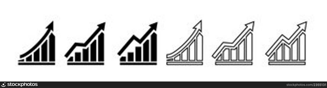 Graph icon. Arrow with chart. Growth arrow on graph. Increase and grow of business. Outline graphic icons of financial progress. Diagram for stock market. Vector.