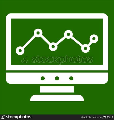 Graph in computer screen icon white isolated on green background. Vector illustration. Graph in computer screen icon green