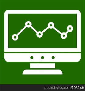 Graph in computer screen icon white isolated on green background. Vector illustration. Graph in computer screen icon green