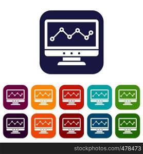 Graph in computer screen icons set vector illustration in flat style in colors red, blue, green, and other. Graph in computer screen icons set