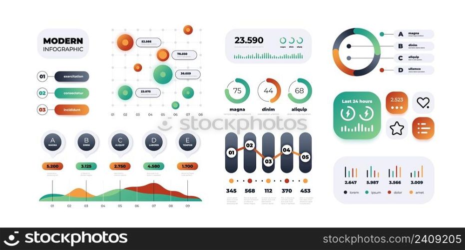 Graph infographic. Colorful modern flow charts and diagrams, option and step timeline, gradient graphic. Vector isolated set. Report statistics in presentation. Business progress information. Graph infographic. Colorful modern flow charts and diagrams, option and step timeline, gradient graphic. Vector isolated set