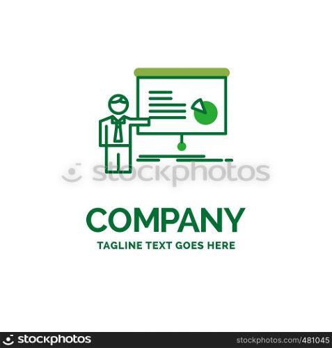 graph, meeting, presentation, report, seminar Flat Business Logo template. Creative Green Brand Name Design.