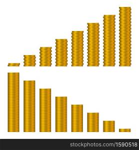 Graph of Golden Coins Stacks Isolated on White. Growing Money Concept. Also Declining Graph of Coins. Vector Illustration.. Graph of Golden Coins Stacks Isolated on White