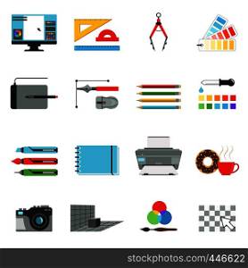 Graphic and computer design. Different tools for artists and graphic designers. Vector icons set in cartoon style. Drawing digital pen, tablet and brush equipment instrument illustration. Graphic and computer design. Different tools for artists and graphic designers. Vector icons set in cartoon style