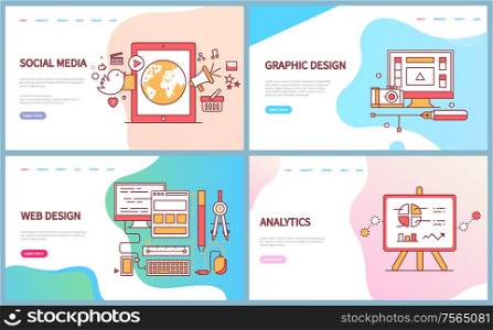 Graphic and web design, analytics and social media vector. Computer screen with tools, monitor with supplies for optimisation of website data on charts. Graphic and Web Design, Analytics and Social Media