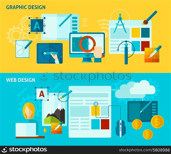 Graphic and web design horizontal banner set with flat elements isolated vector illustration. Graphic Design Banner