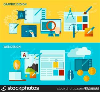 Graphic and web design horizontal banner set with flat elements isolated vector illustration. Graphic Design Banner