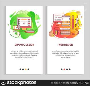 Graphic and web design slide decorated by monitor, pc mouse, drivers and pen, phone and camera, online technology on abstract liquid shape vector. Website or app slider, landing page flat style. Computer Equipment, Graphic and Web Design Vector